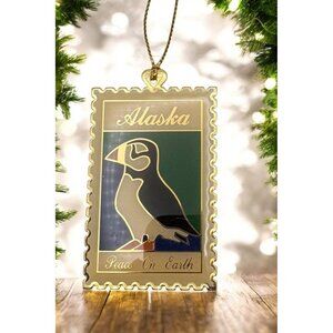 Vintage Alaska Puffin Christmas Ornament Postage Stamp Peace On Earth Design